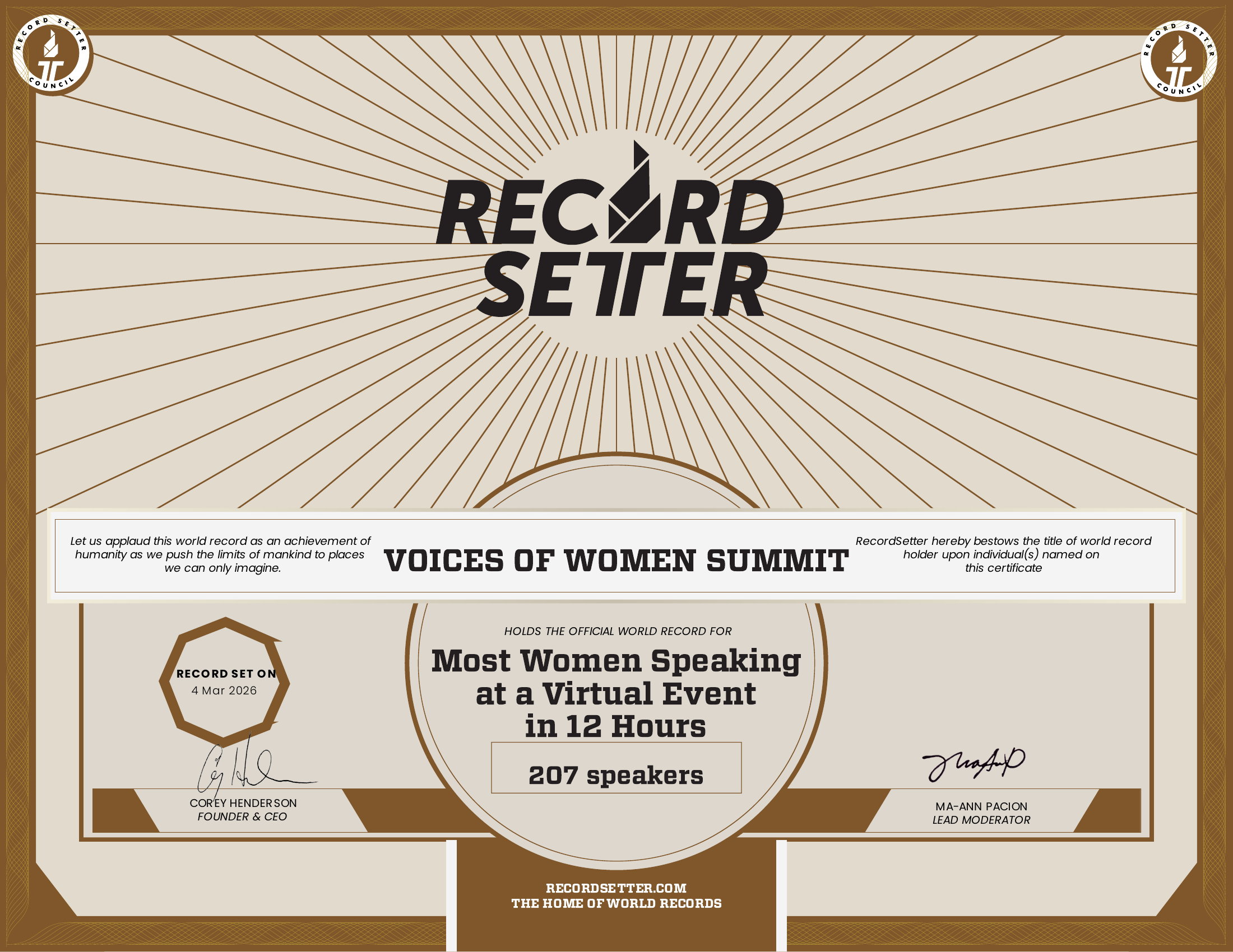 Official RecordSetter World Record Certificate — Voices of Women Summit, Most Women Speaking at a Virtual Event in 12 Hours, 207 Speakers, March 4, 2026